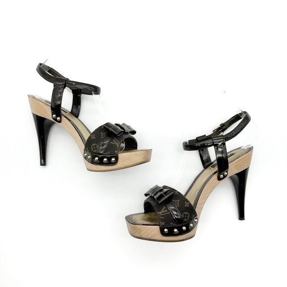 LOUIS VUITTON Idylle Monogram Platform Pumps Size 38 Peep Toe Patent Bow Brown - Picture 5 of 16